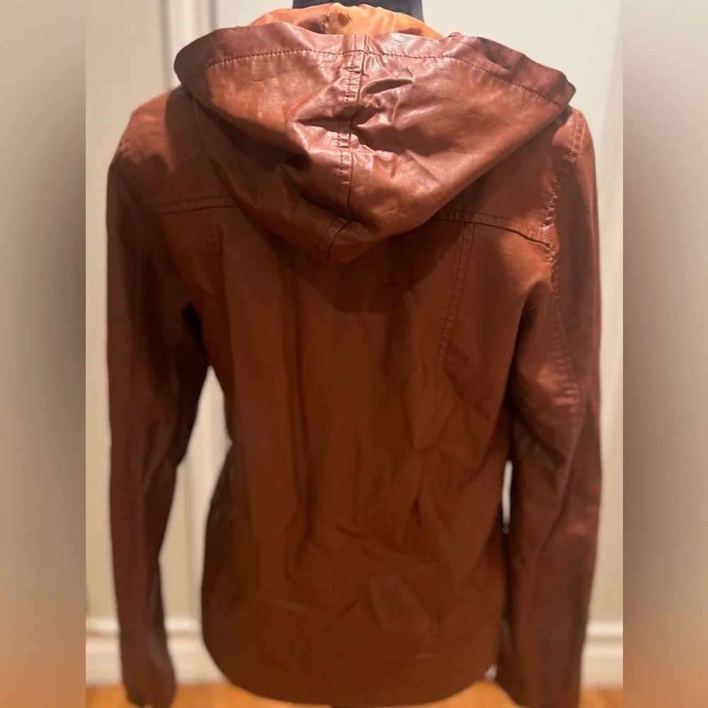 TOBI Vegan Faux Leather Hooded Motorcycle Moto‎ Zippered Brown Jacket Size Small